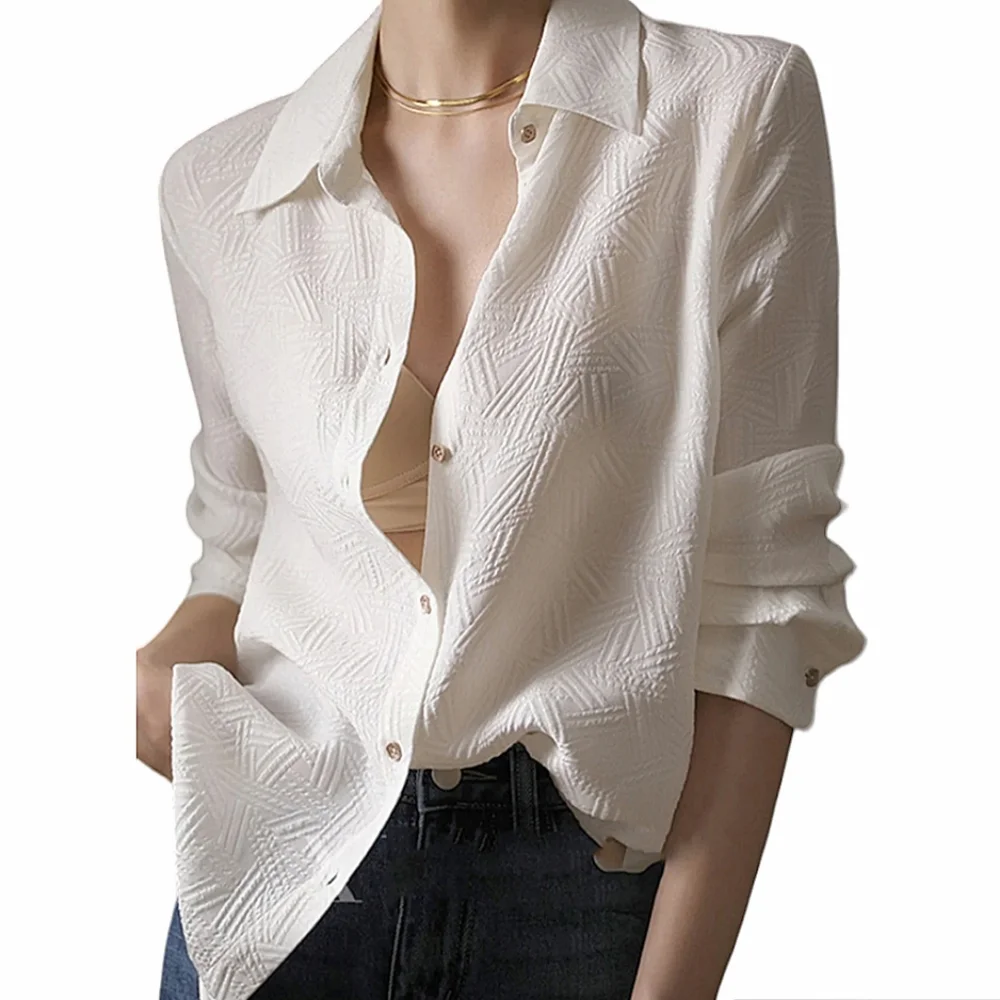 NWT Commense White Abstract Pattern Textured Relaxed Fit Gold Button-Down Shirt - Picture 1 of 8